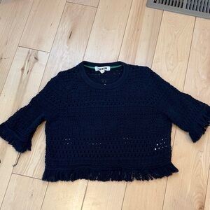 Boden Navy Open Knit Fringe Short Sleeve Sweater